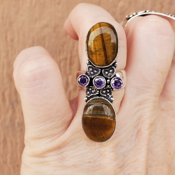 New Stunning Oversized Tiger Eye and Amethyst 925 Silver Statement Ring. - Picture 9 of 16